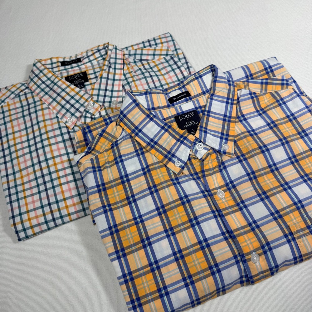 J.Crew Button Down Shirt Bundle Size L Orange Blue Plaid Classic Fit Preppy